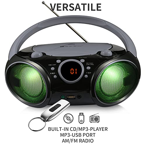 SINGING WOOD CD Boombox Portable/w Bluetooth USB MP3 Player AM/FM Radio AUX Headset Jack LED Backlit (Phantom Black)