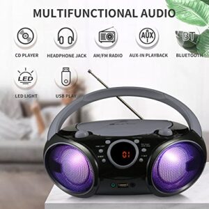 SINGING WOOD CD Boombox Portable/w Bluetooth USB MP3 Player AM/FM Radio AUX Headset Jack LED Backlit (Phantom Black)