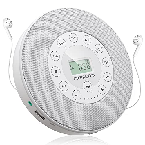 WOKALON Walkman CD Player Portable with Radio,Small Personal Portable CD Player with Headphones Speakers,Rechargeable Discman Kpop Music Compact CD Players for Kids Home Car,2000mAh,Anti-Skip(White)