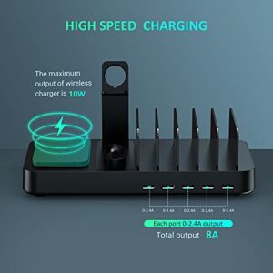 8 in 1 Wireless Charging Station for Multiple Devices, Charging Dock with AirPods iWatch Stand, 10W Wireless Charger and 9 Short Mixed Cables for iPhone/iPad/Android/Tablets-Blcak