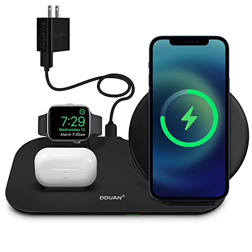 DDUAN Wireless Charging Station, 3 in 1 Qi Fast Wireless Charger Compatible for iPhone 14/13/12/11/Pro/Max/XR/XS/XS Max/X/8, Charging Stand for Apple Watch SE/8/7/6/5/4/3 and AirPods 2/3/Pro/Pro 2