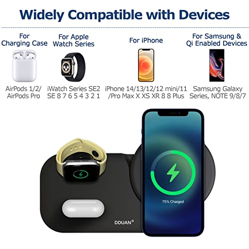 DDUAN Wireless Charging Station, 3 in 1 Qi Fast Wireless Charger Compatible for iPhone 14/13/12/11/Pro/Max/XR/XS/XS Max/X/8, Charging Stand for Apple Watch SE/8/7/6/5/4/3 and AirPods 2/3/Pro/Pro 2