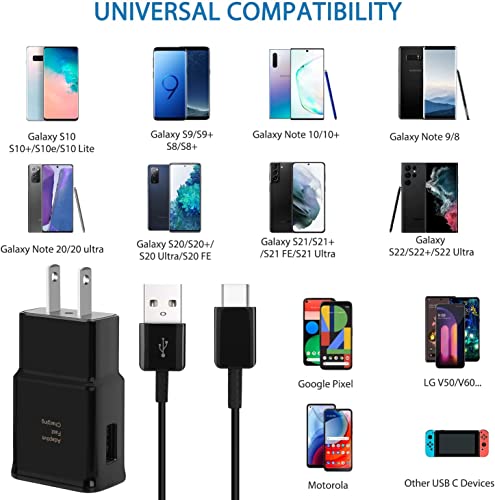 Adaptive Fast Charger Type C Cable Kit Compatible Samsung Galaxy S8/S9/S10/S10 Plus/S10E/ S20/S20 Plus/S21/S22/S22 Plus/S23 Ultra/Note 8/Note 9/Note 10 Power Adapter&Long 10ft USB Type C Cable(2 Pack)