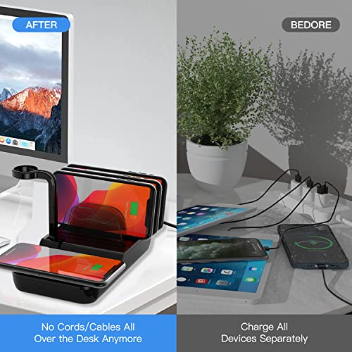 Charging Station, Multiple Devices Charging Station for iPhone, 2 USB & 2 TypeC Ports and One Wireless Charging, Including 4 Charging Cables, One Apple Watch Holder, Safety Charging IC