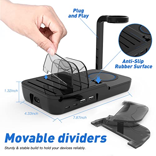 Charging Station, Multiple Devices Charging Station for iPhone, 2 USB & 2 TypeC Ports and One Wireless Charging, Including 4 Charging Cables, One Apple Watch Holder, Safety Charging IC