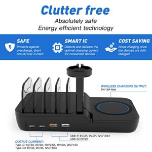 Charging Station, Multiple Devices Charging Station for iPhone, 2 USB & 2 TypeC Ports and One Wireless Charging, Including 4 Charging Cables, One Apple Watch Holder, Safety Charging IC