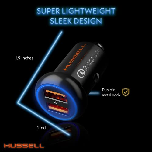 Hussell Car Charger Adapter for Cigarette Lighter - Fast Charge, Mini, Aluminum, Portable 3.0 Car Chargers with Dual USB Ports - Compatible with iPhone, Android, Samsung Galaxy - Stocking Stuffers