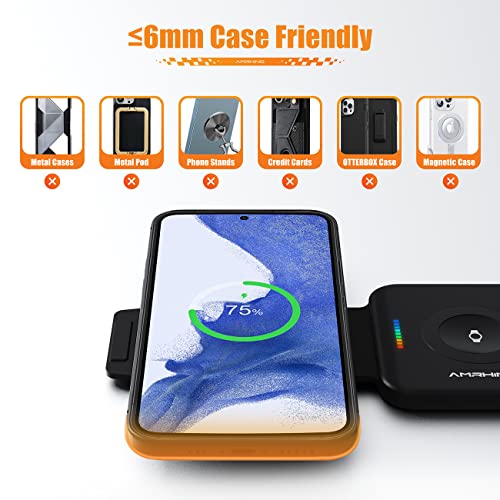 AMRHINO 3 in 1 Foldable Samsung Wireless Charger for Galaxy Watch 5/5Pro/4/3/Active2/Gear4, 15W Charging Station for S22/S21/Note20, Travel Charging Pad for Galaxy Buds/+/Pro/Pro2/Live/2 with Adapter