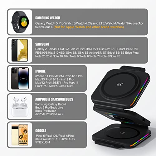 AMRHINO 3 in 1 Foldable Samsung Wireless Charger for Galaxy Watch 5/5Pro/4/3/Active2/Gear4, 15W Charging Station for S22/S21/Note20, Travel Charging Pad for Galaxy Buds/+/Pro/Pro2/Live/2 with Adapter