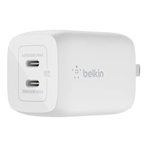 belkin 65w dual usb-c wall charger, fast charging power delivery 3.0 with gan technology for iphone 14, 13, pro, pro max, mini, ipad pro 12.9, macbook, galaxy s23, s23+, ultra, tablet, more – white