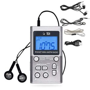 btech mpr-af1 am fm personal radio with two types of stereo headphones, clock, great reception and long battery life, mini pocket walkman radio with headphones (silver)