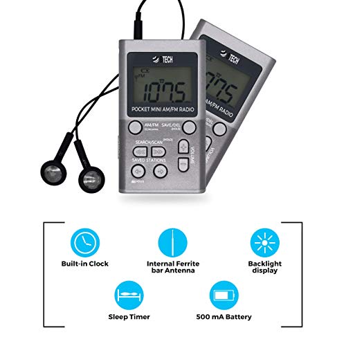 BTECH MPR-AF1 AM FM Personal Radio with Two Types of Stereo Headphones, Clock, Great Reception and Long Battery Life, Mini Pocket Walkman Radio with Headphones (Silver)