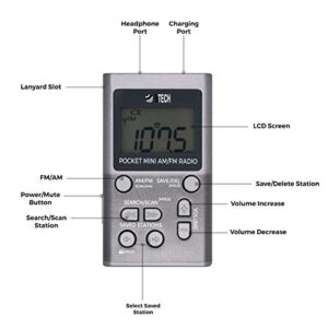 BTECH MPR-AF1 AM FM Personal Radio with Two Types of Stereo Headphones, Clock, Great Reception and Long Battery Life, Mini Pocket Walkman Radio with Headphones (Silver)