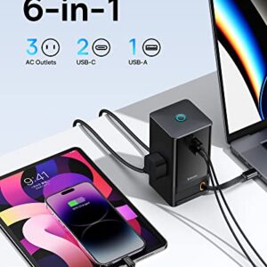 USB C Charger Baseus PowerCombo Tower 65W, 6-in1 Charging Station with Retractable USB-C Cable, 3 Outlets, USB A USB C Ports, Surge Protector Power Strip for MacBook, iPhone, Laptop, Multiple Devices