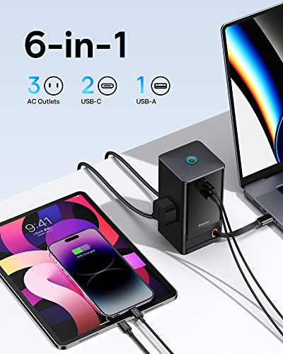 USB C Charger Baseus PowerCombo Tower 65W, 6-in1 Charging Station with Retractable USB-C Cable, 3 Outlets, USB A USB C Ports, Surge Protector Power Strip for MacBook, iPhone, Laptop, Multiple Devices