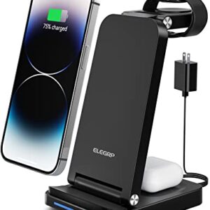 ELEGRP Wireless Charging Station, 3 in 1 Wireless Charger, Foldable Compact Size for iPhone 14/13/12/11/Pro/Max/SE/8 and Android Samsung and Pixel Phone, iWatch and Airpods (with 18w Adapter)