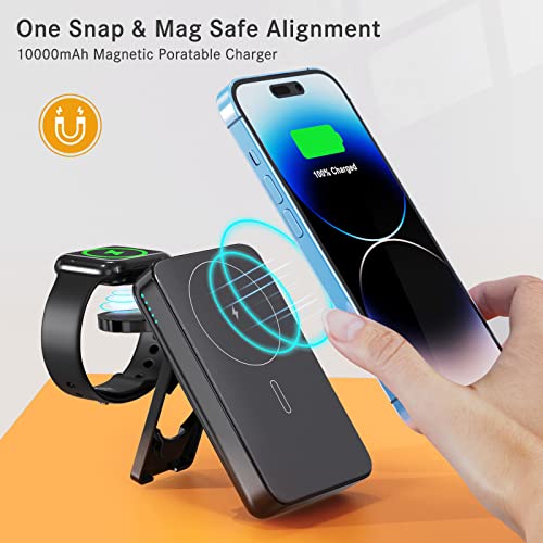 Lyare Magnetic Wireless Power Bank - 10000mAh 3 in 1 Wireless Charging Station PD 18W Fast Wireless Mag-Safe Charger Battery Pack for iPhone 14 13 12 Pro, iWatch Ultra/8/7/6/5/4/3/2（Only iWatch）