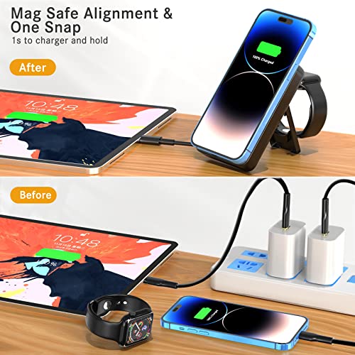Lyare Magnetic Wireless Power Bank - 10000mAh 3 in 1 Wireless Charging Station PD 18W Fast Wireless Mag-Safe Charger Battery Pack for iPhone 14 13 12 Pro, iWatch Ultra/8/7/6/5/4/3/2（Only iWatch）
