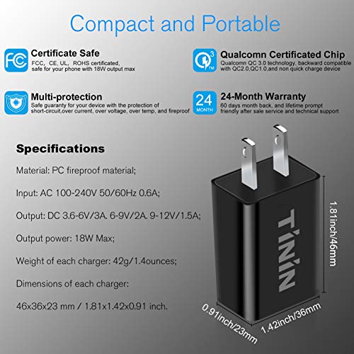 3-Pack Quick Charge 3.0 USB Wall Charger Adapter,18W Charging Block Fast Charger for Samsung Apple iPhone Ipad Google LG HTC and More(Quick Charge 2.0 Compatible) Qualcomm Certified USB Charger TININ