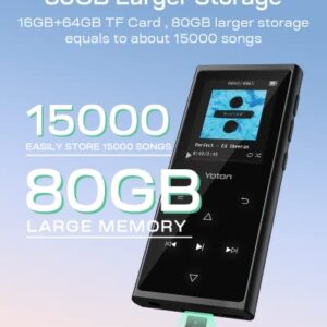 80GB MP3 Player with Bluetooth, YOTON Music Player with Speaker and 1.8'' Curved Screen, HiFi Sound, FM Radio, Voice Recorder, E-Book, Pedometer, Stopwatch, TF Card and Earphones Included