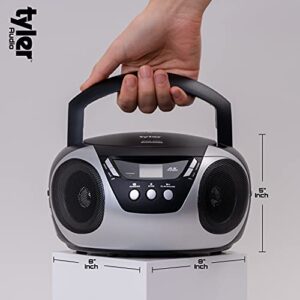 Tyler Portable CD Player Boombox Radio AM/FM Top Loading AC & Battery Compatible Aux Input & 3.5mm Headphone Jack Small Lightweight Compact Boom Box Home Stereo Speakers Carrying Handle Kids Silver