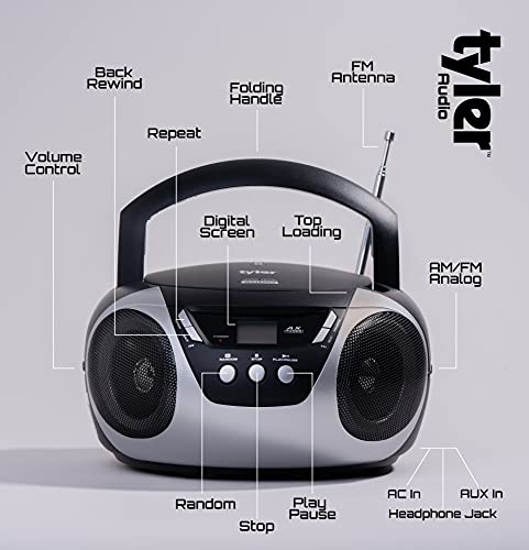 Tyler Portable CD Player Boombox Radio AM/FM Top Loading AC & Battery Compatible Aux Input & 3.5mm Headphone Jack Small Lightweight Compact Boom Box Home Stereo Speakers Carrying Handle Kids Silver