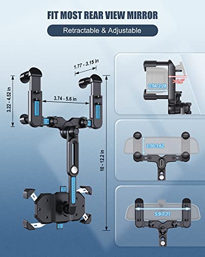 Lonbor Phone Mount for Car【Big Rear Mirrors Friendly】 Rear View Mirror Phone Holder,【2023 Upgraded 4 Clip More Stable】 360 Rotatable and Retractable Car Phone Holder Fit All Mobiles & Vehicles