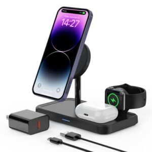 wireless charger for magsafe, geekera 3 in 1 magnetic wireless charging station for iphone 14/13/12/pro/max/mini, apple watch 8/7/6/5/4/3/2/se/ultra, airpods 3/2/pro with qc 3.0 18w adapter, black