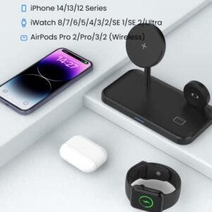 Wireless Charger for Magsafe, GEEKERA 3 in 1 Magnetic Wireless Charging Station for iPhone 14/13/12/Pro/Max/mini, Apple Watch 8/7/6/5/4/3/2/SE/Ultra, AirPods 3/2/Pro with QC 3.0 18W Adapter, Black