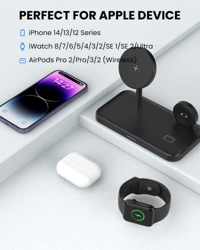 Wireless Charger for Magsafe, GEEKERA 3 in 1 Magnetic Wireless Charging Station for iPhone 14/13/12/Pro/Max/mini, Apple Watch 8/7/6/5/4/3/2/SE/Ultra, AirPods 3/2/Pro with QC 3.0 18W Adapter, Black