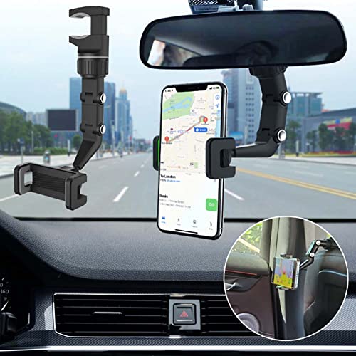 YCNASSS New 360° Rearview Mirror Phone Holder for Car Multifunctional Mount Phone and GPS Holder Universal Rotating Car Phone Holder, Cell Phone Automobile Cradles (Black)