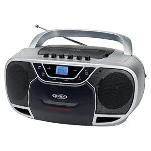 jensen stereo cd-590 portable bluetooth home audio cd/cassette boombox digital tuner am/fm radio sound system, top-loading mp3 cd player, cassette player/recorder – platinum exclusive