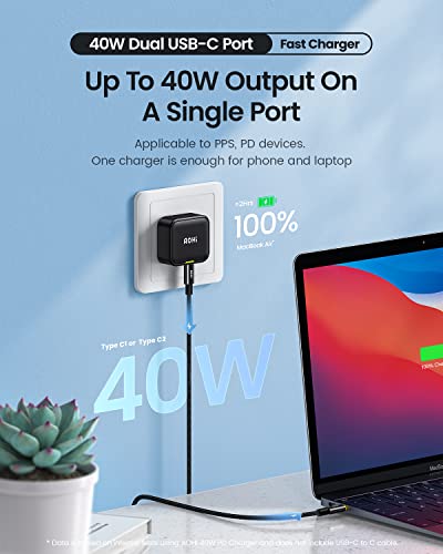 USB C Charger, AOHI 40W Fast Charger Adapter 2-Port Type-C PD Wall Charger Foldable Power Adapter for iPhone 14/Plus/Pro/Pro Max 13/Mini/Pro/Pro Max /12, Galaxy, Pixel 5/4/3, iPad Pro/Air, Black