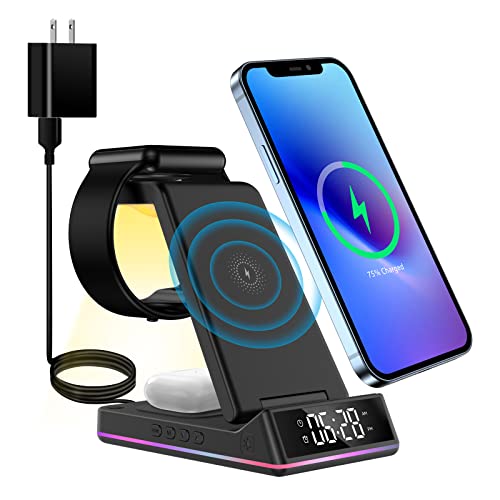 3 in 1 Wireless Charger Station Qi Fast Wireless Charging Dock with Clock and Night Light,Compatible with Apple Watch 7/6/5/4/3/2/SE & AirPods 3/2/Pro & iPhone 13/12/11/Samsung/More Qi Enabled Phones