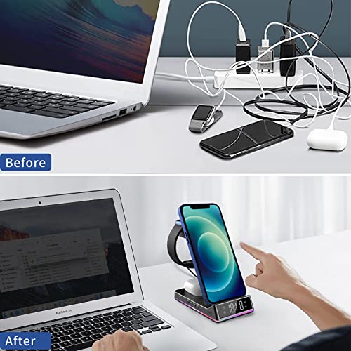 3 in 1 Wireless Charger Station Qi Fast Wireless Charging Dock with Clock and Night Light,Compatible with Apple Watch 7/6/5/4/3/2/SE & AirPods 3/2/Pro & iPhone 13/12/11/Samsung/More Qi Enabled Phones