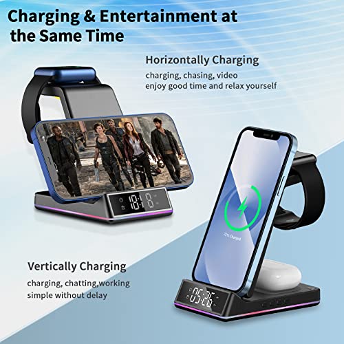 3 in 1 Wireless Charger Station Qi Fast Wireless Charging Dock with Clock and Night Light,Compatible with Apple Watch 7/6/5/4/3/2/SE & AirPods 3/2/Pro & iPhone 13/12/11/Samsung/More Qi Enabled Phones