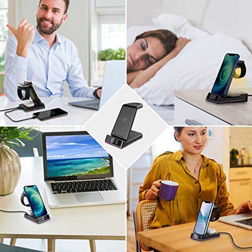 3 in 1 Wireless Charger Station Qi Fast Wireless Charging Dock with Clock and Night Light,Compatible with Apple Watch 7/6/5/4/3/2/SE & AirPods 3/2/Pro & iPhone 13/12/11/Samsung/More Qi Enabled Phones