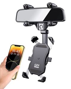 ofy phone mount for car, [2023 upgraded 4 clip never fall] rear view mirror phone holder, 360 rotatable and retractable car phone holder for most mobile phones & vehicles