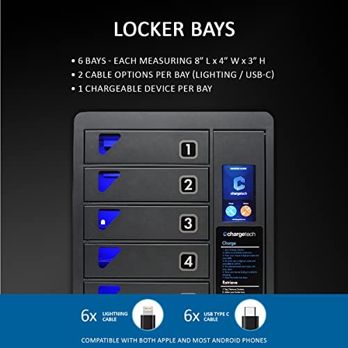 ChargeTech Cell Phone Charging Station Locker w/6 Digital Pin Activated Locking Bays - Lockers Include 1 Apple Lightning and 1 Type-C PD (Model: PPL6)