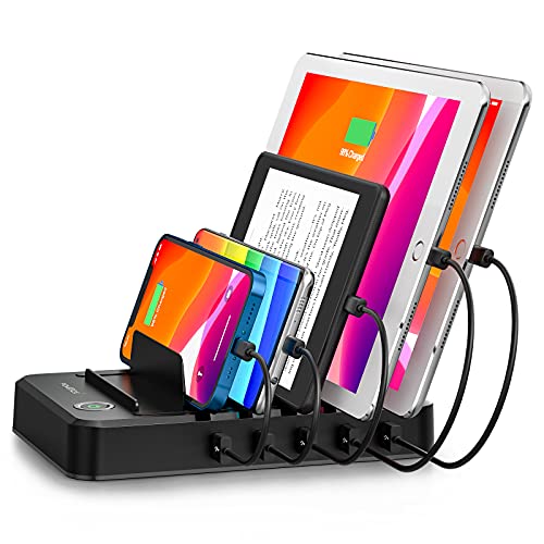 Charging Station for Multiple Devices 5 Ports with 6 Mixed Charging Cables Multi USB Charger Station Organizer for Cell Phones Tablets Tab Electronics Tech Gadget