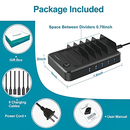 Charging Station for Multiple Devices 5 Ports with 6 Mixed Charging Cables Multi USB Charger Station Organizer for Cell Phones Tablets Tab Electronics Tech Gadget