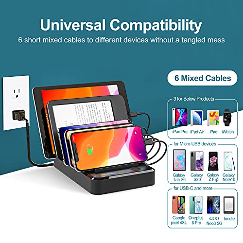 Charging Station for Multiple Devices 5 Ports with 6 Mixed Charging Cables Multi USB Charger Station Organizer for Cell Phones Tablets Tab Electronics Tech Gadget