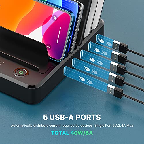 Charging Station for Multiple Devices 5 Ports with 6 Mixed Charging Cables Multi USB Charger Station Organizer for Cell Phones Tablets Tab Electronics Tech Gadget