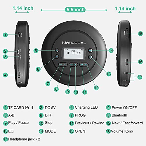 CD Player Portable, MONODEAL Bluetooth CD Player, Rechargeable Compact Small Walkman CD Player with Headphones for Car and Personal Use