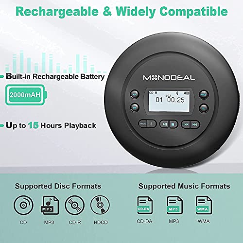 CD Player Portable, MONODEAL Bluetooth CD Player, Rechargeable Compact Small Walkman CD Player with Headphones for Car and Personal Use