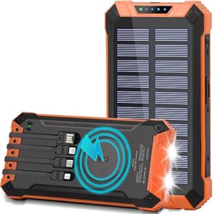 solar charger 36000mah qi wireless portable charger power bank built in 4 cables usb c quick charge with led flashlight 6 output & 3 input external battery pack for cell phone