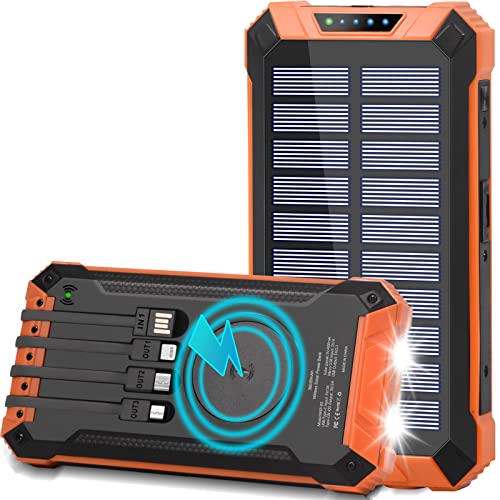 Solar Charger 36000mAh Qi Wireless Portable Charger Power Bank Built in 4 Cables USB C Quick Charge with LED Flashlight 6 Output & 3 Input External Battery Pack for Cell Phone