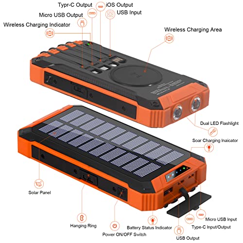 Solar Charger 36000mAh Qi Wireless Portable Charger Power Bank Built in 4 Cables USB C Quick Charge with LED Flashlight 6 Output & 3 Input External Battery Pack for Cell Phone