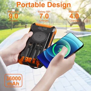 Solar Charger 36000mAh Qi Wireless Portable Charger Power Bank Built in 4 Cables USB C Quick Charge with LED Flashlight 6 Output & 3 Input External Battery Pack for Cell Phone