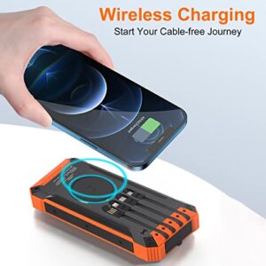 Solar Charger 36000mAh Qi Wireless Portable Charger Power Bank Built in 4 Cables USB C Quick Charge with LED Flashlight 6 Output & 3 Input External Battery Pack for Cell Phone